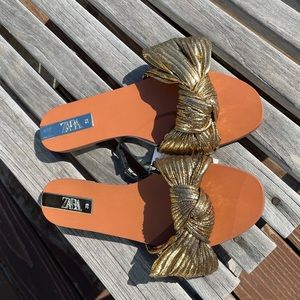 Zara gold lamé bow flats
